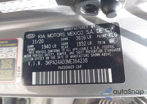 2021 Kia Rio S from USA, damaged, VIN 3KPA24AD3ME364238